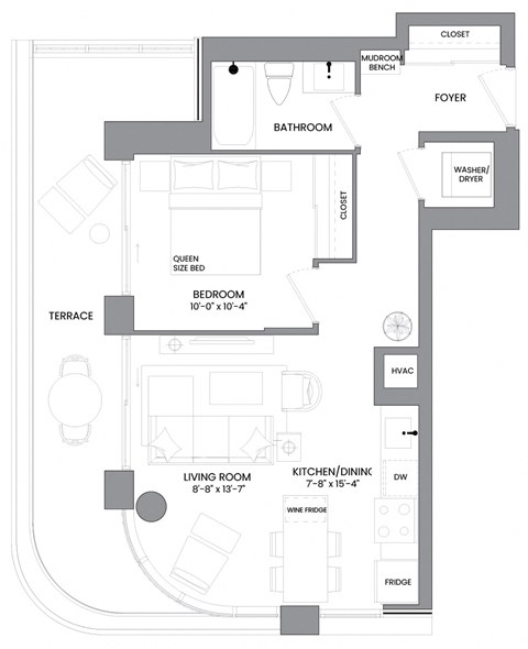 Floor plan for 1 bed, 1 bath, 559 sqft
